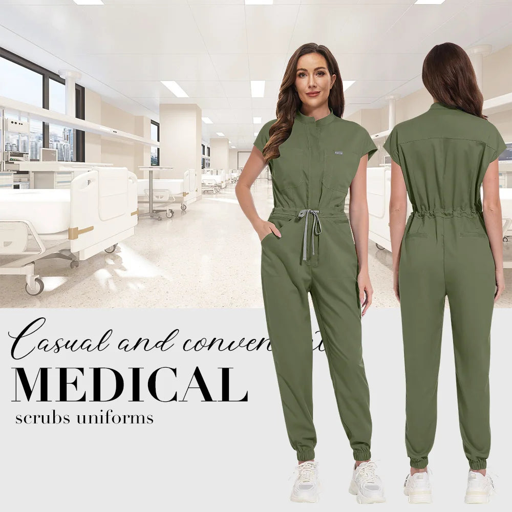 Zipper Neck Jumpsuit Nurse Uniform Short Sleeved Scrubs