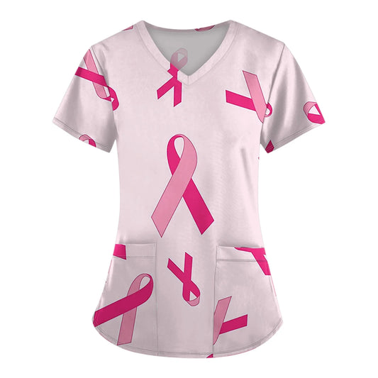 Breast Cancer Scrub Tops for Women V Neck Short Sleeve