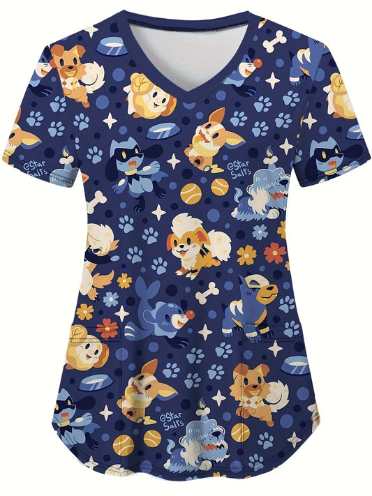 Cat and Dog Print V-Neck Surgical Scrubs