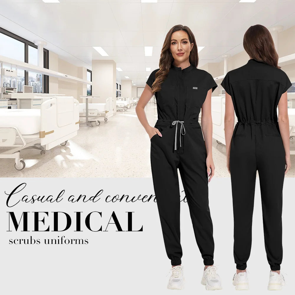 Zipper Neck Jumpsuit Nurse Uniform Short Sleeved Scrubs