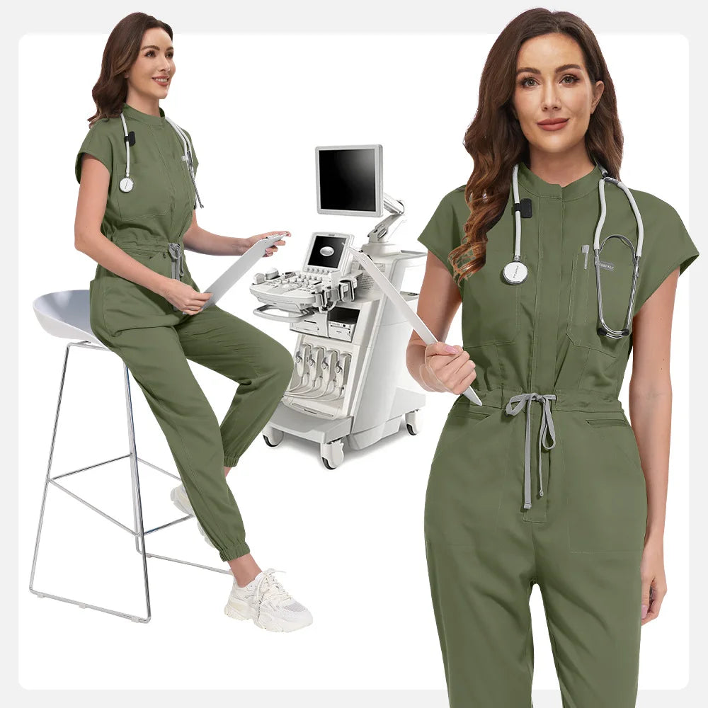 Zipper Neck Jumpsuit Nurse Uniform Short Sleeved Scrubs