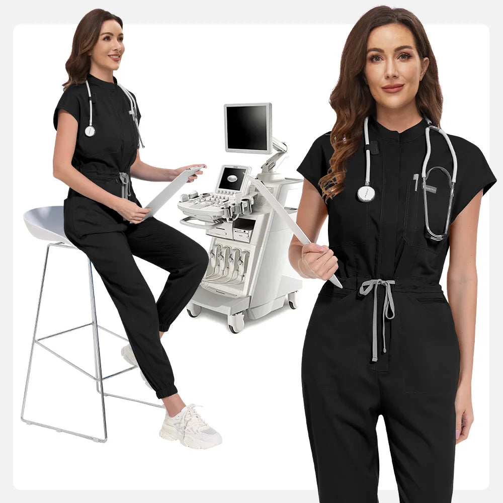 Zipper Neck Jumpsuit Nurse Uniform Short Sleeved Scrubs