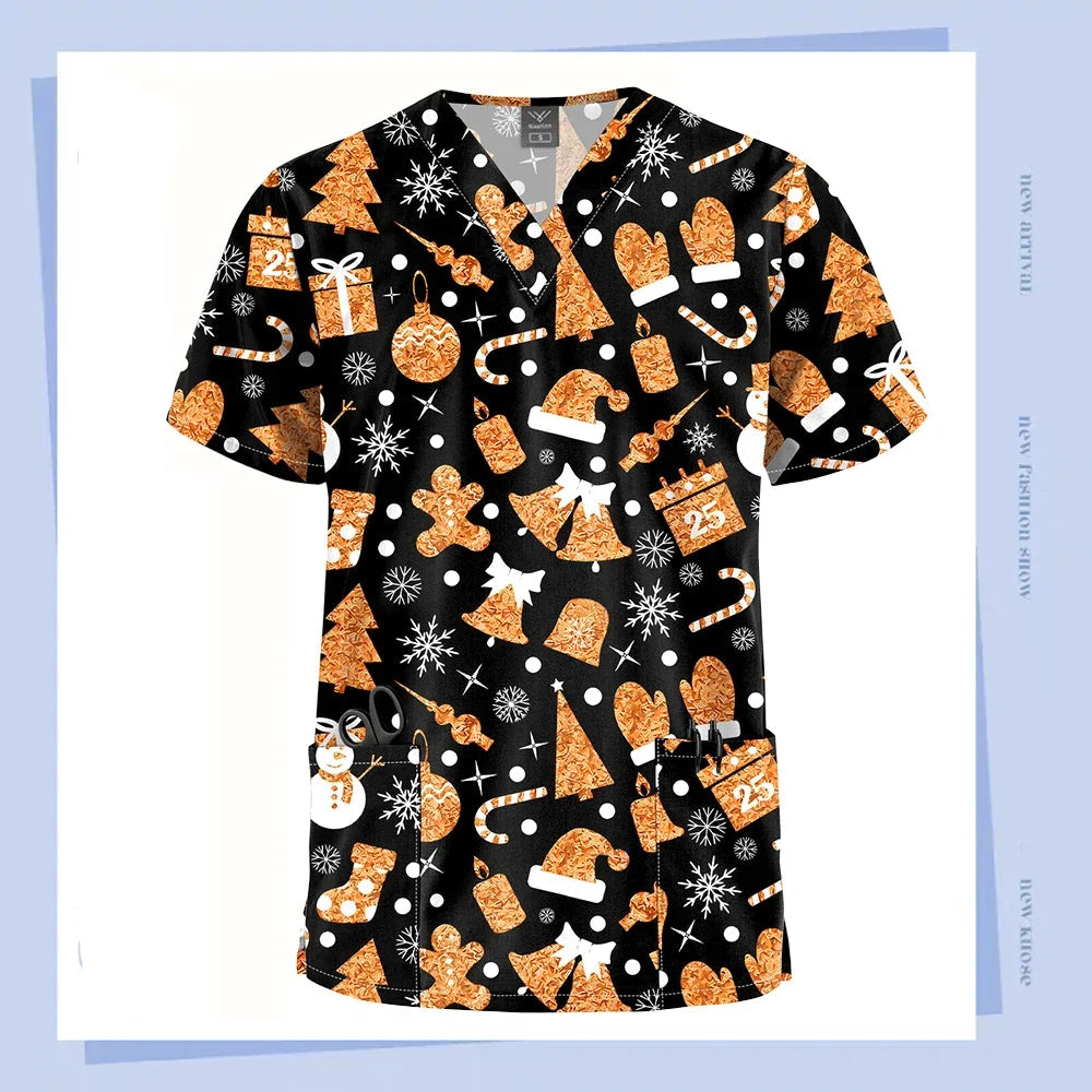 Christmas V Neck Scrub Tops