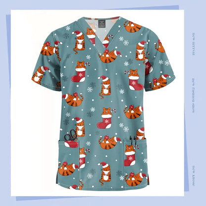 Christmas V Neck Scrub Tops
