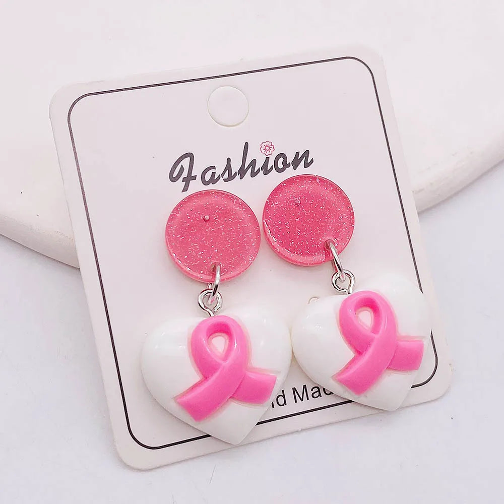 Pink Heart Ribbon Teardrop Dangling Earrings