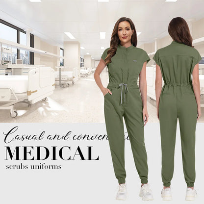 Zipper Neck Jumpsuit Nurse Uniform Short Sleeved Scrubs