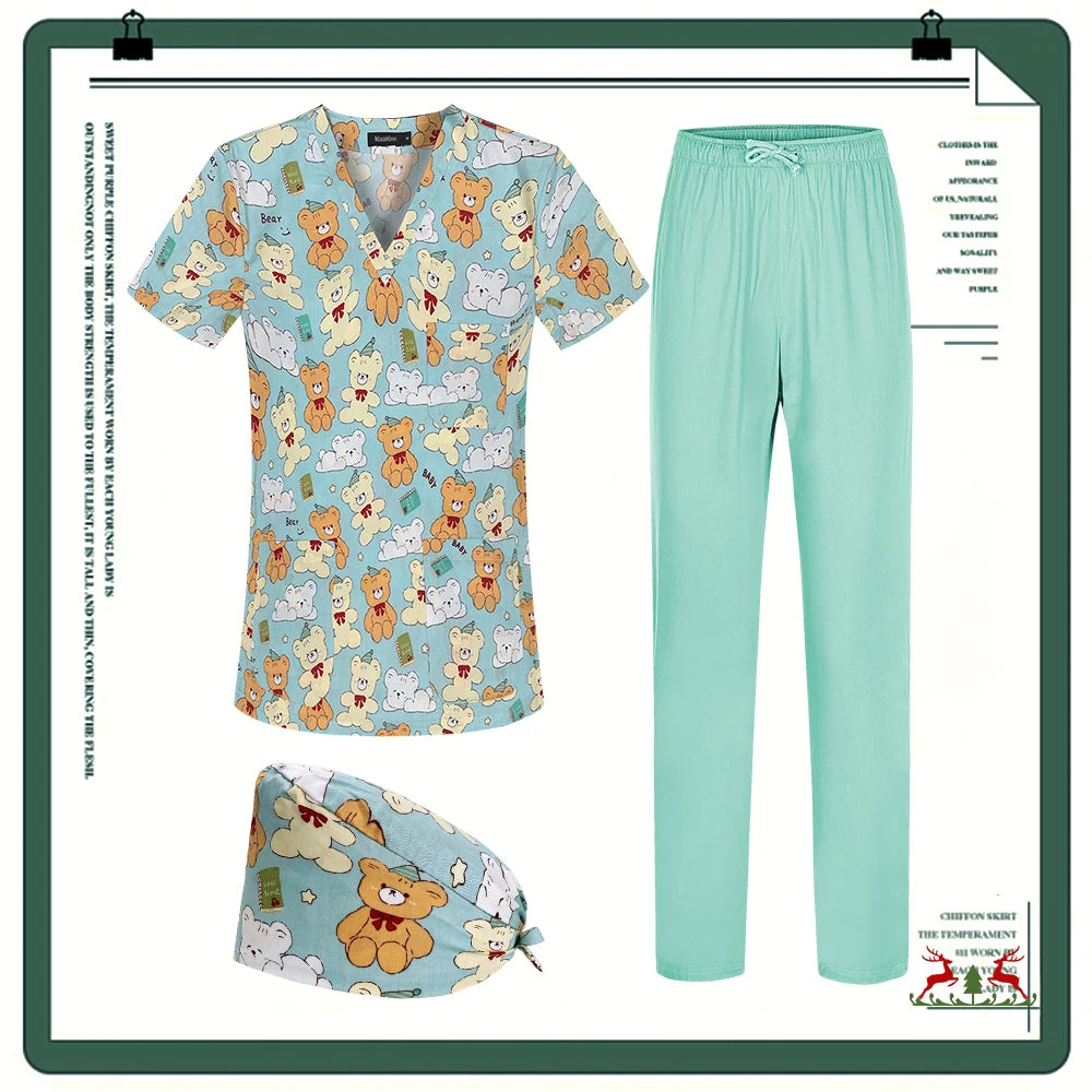 Cartoon Printing Scrubs Tops with Straight Pants
