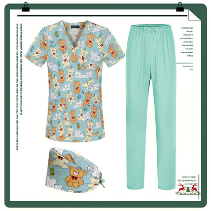 Cartoon Printing Scrubs Tops with Straight Pants