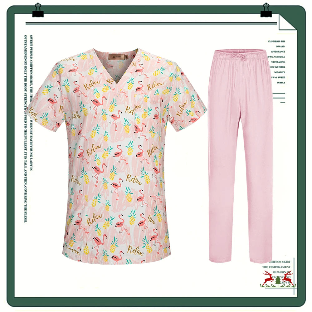Cartoon Printing Scrubs Tops with Straight Pants