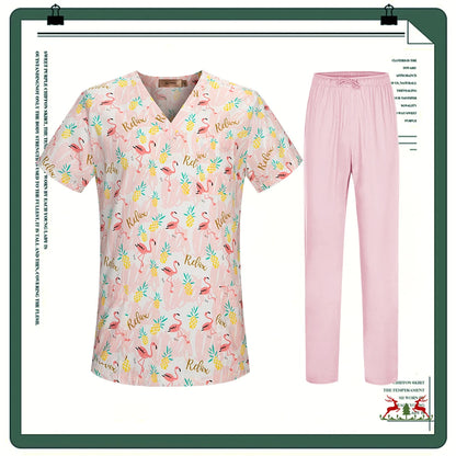 Cartoon Printing Scrubs Tops with Straight Pants