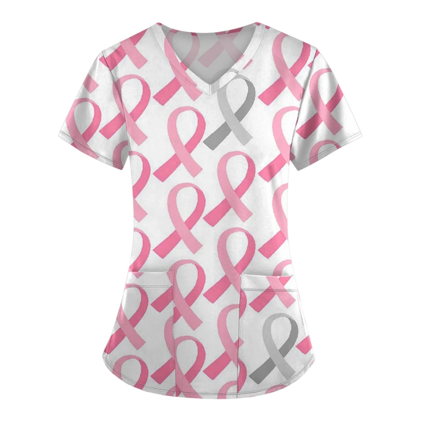 Breast Cancer Scrub Tops for Women V Neck Short Sleeve