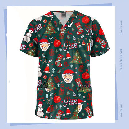 Christmas V Neck Scrub Tops