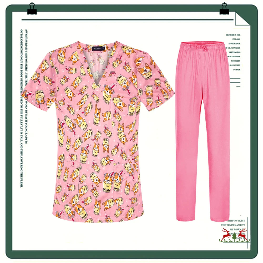 Cartoon Printing Scrubs Tops with Straight Pants