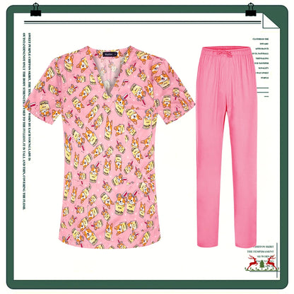 Cartoon Printing Scrubs Tops with Straight Pants