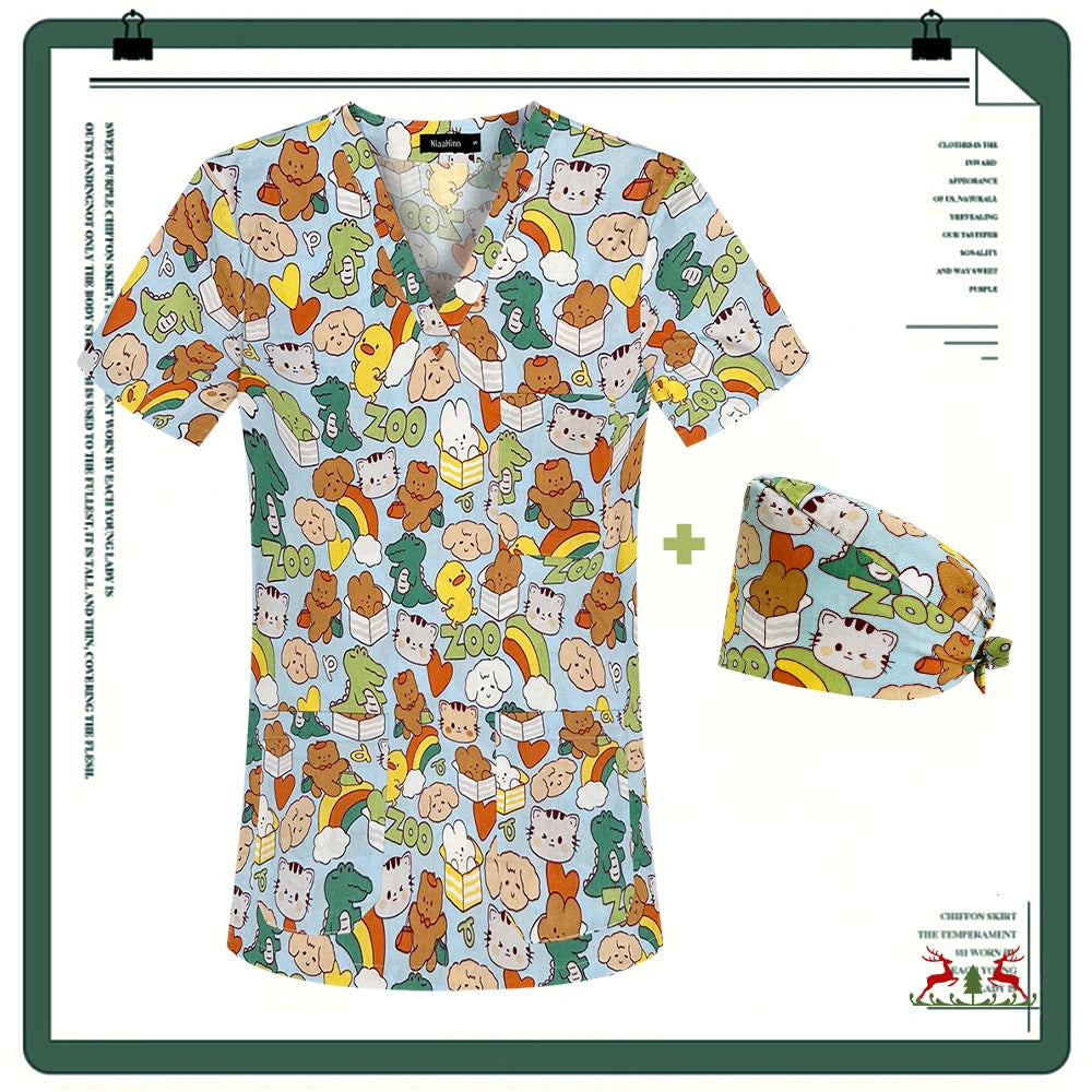 Cartoon Printing Scrubs Tops with Straight Pants