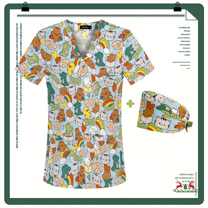 Cartoon Printing Scrubs Tops with Straight Pants