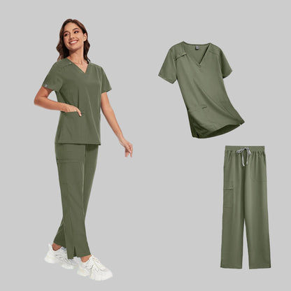 Short Sleeve V-neck Scrubs Tops+ Pants Suit