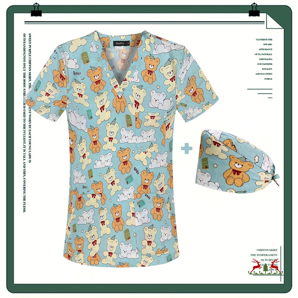 Cartoon Printing Scrubs Tops with Straight Pants