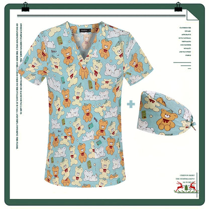Cartoon Printing Scrubs Tops with Straight Pants