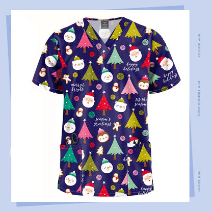 Christmas V Neck Scrub Tops