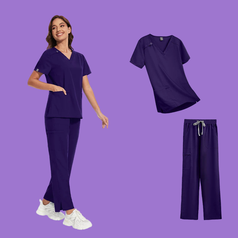 Short Sleeve V-neck Scrubs Tops+ Pants Suit