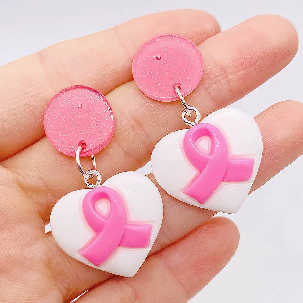 Pink Heart Ribbon Teardrop Dangling Earrings