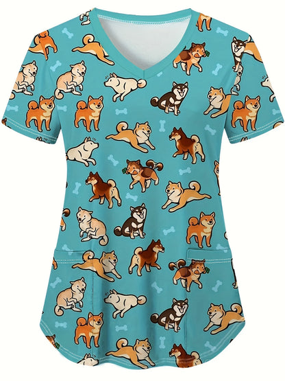 Cat and Dog Print V-Neck Surgical Scrubs