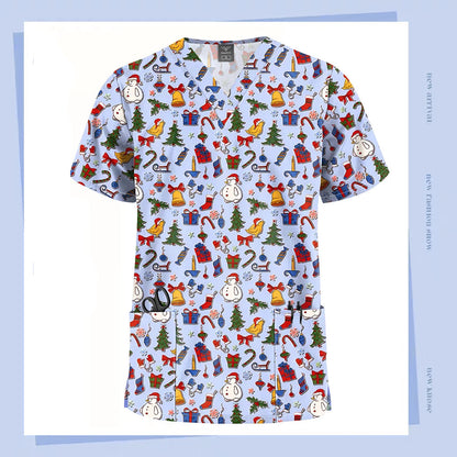 Christmas V Neck Scrub Tops