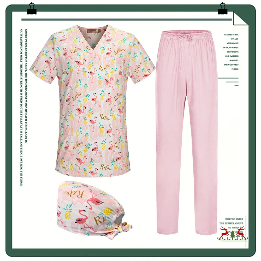 Cartoon Printing Scrubs Tops with Straight Pants