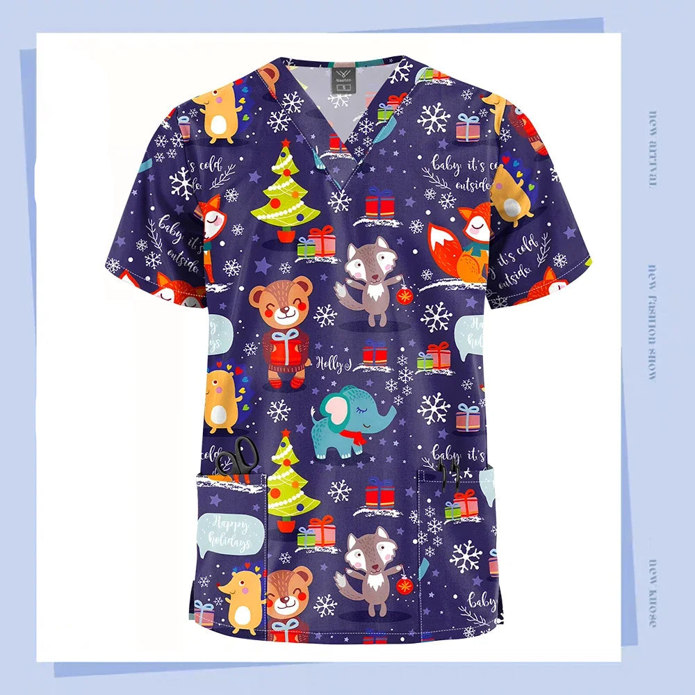 Christmas V Neck Scrub Tops