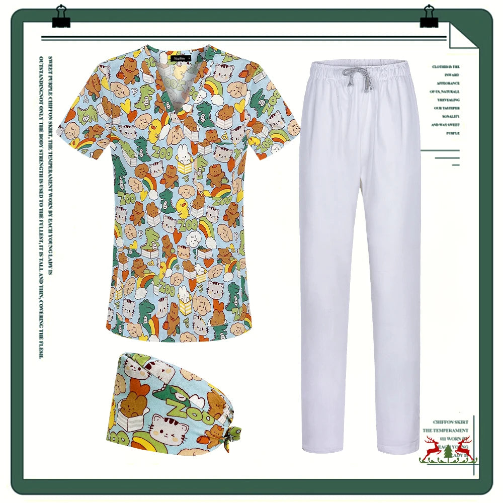 Cartoon Printing Scrubs Tops with Straight Pants