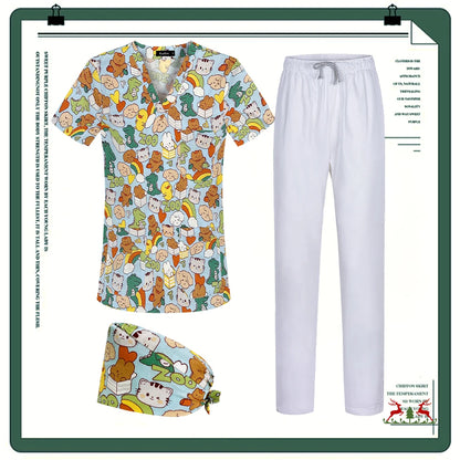 Cartoon Printing Scrubs Tops with Straight Pants