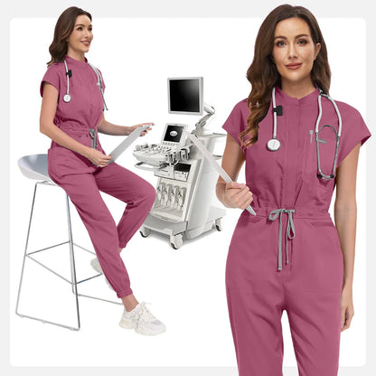 Zipper Neck Jumpsuit Nurse Uniform Short Sleeved Scrubs