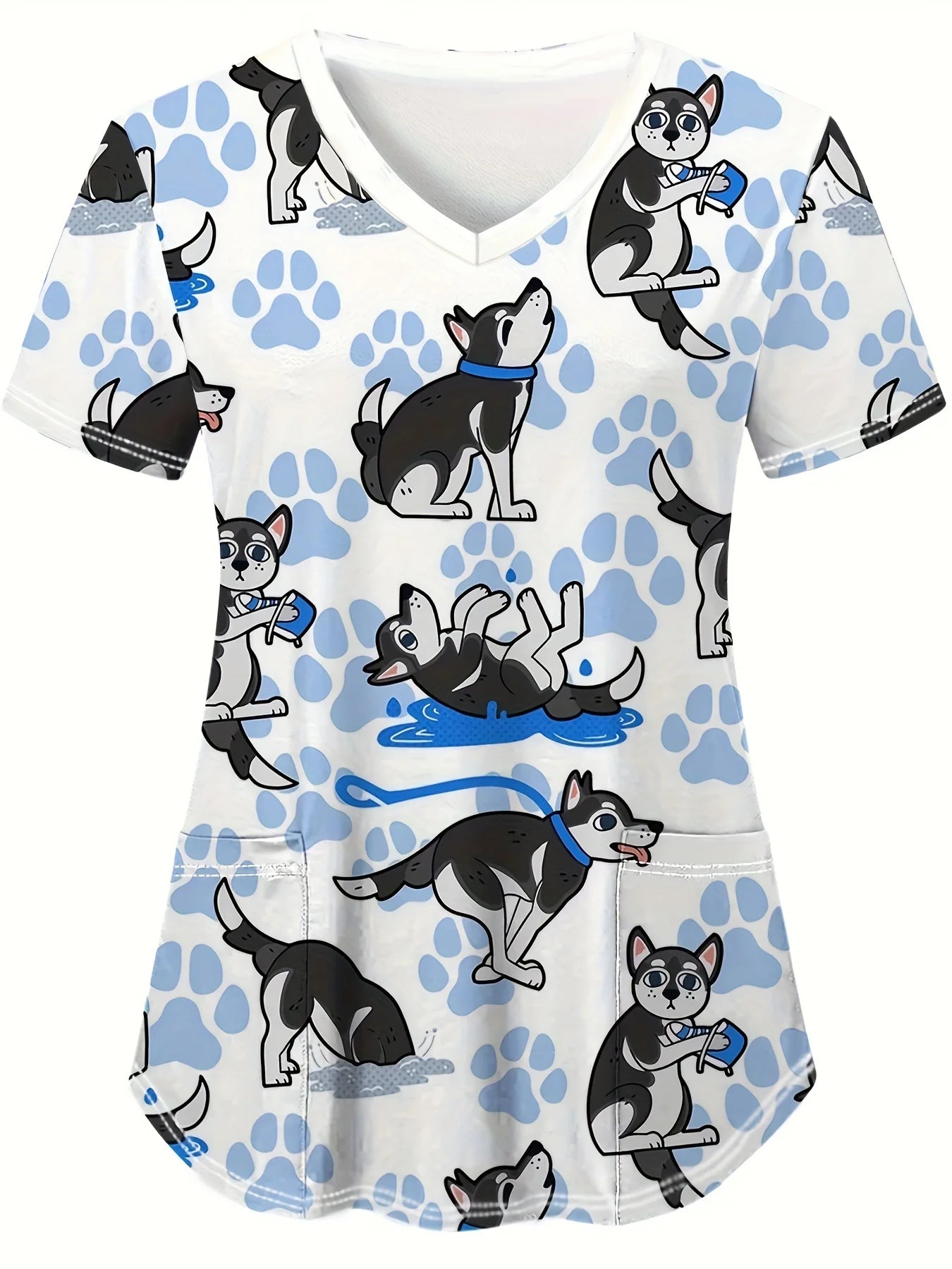 Cat and Dog Print V-Neck Surgical Scrubs