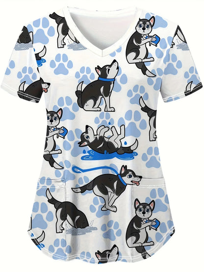 Cat and Dog Print V-Neck Surgical Scrubs