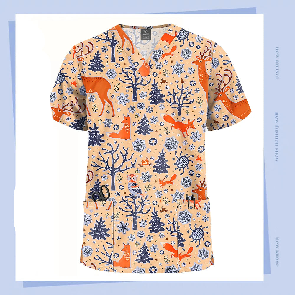 Christmas V Neck Scrub Tops