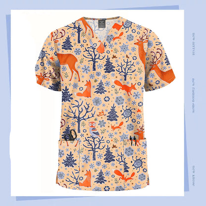 Christmas V Neck Scrub Tops