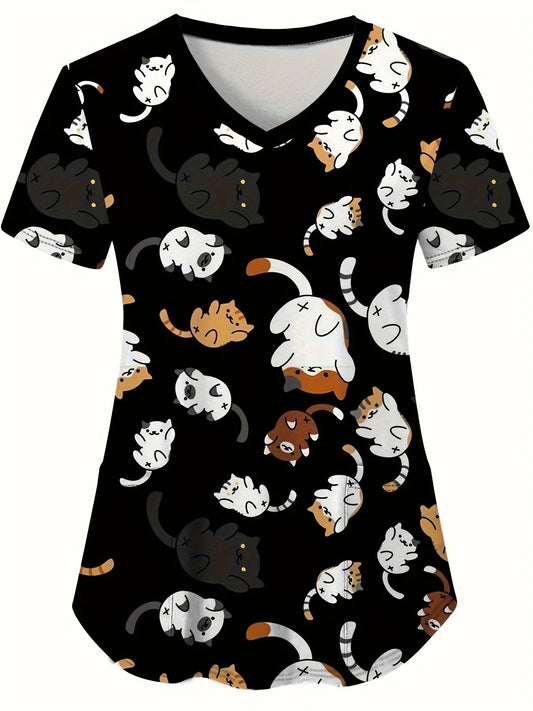 Cat and Dog Print V-Neck Surgical Scrubs