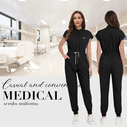 Zipper Neck Jumpsuit Nurse Uniform Short Sleeved Scrubs