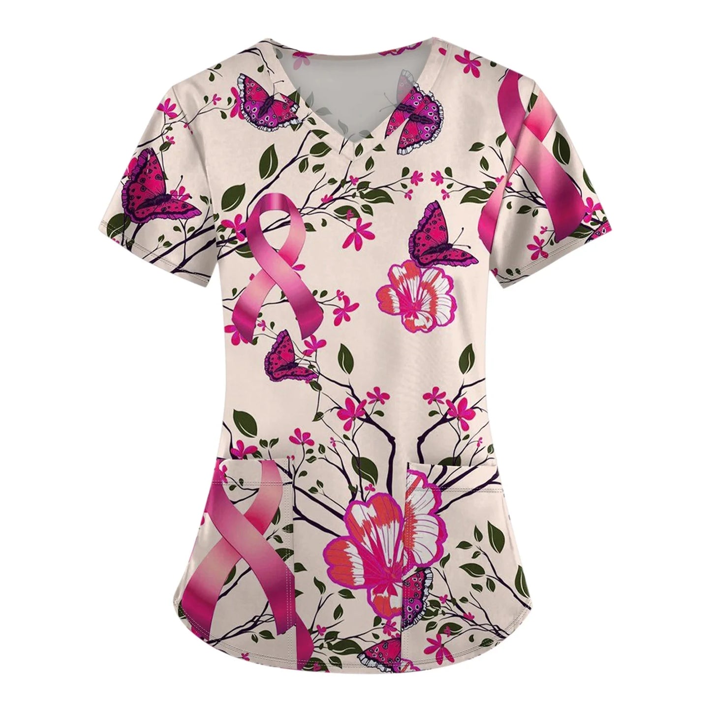 Breast Cancer Scrub Tops for Women V Neck Short Sleeve
