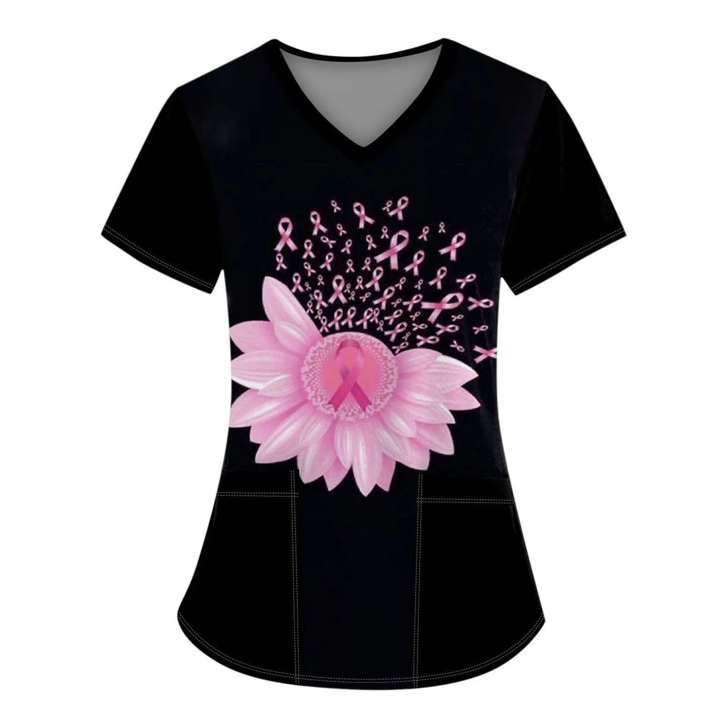 Breast Cancer Scrub Tops for Women V Neck Short Sleeve