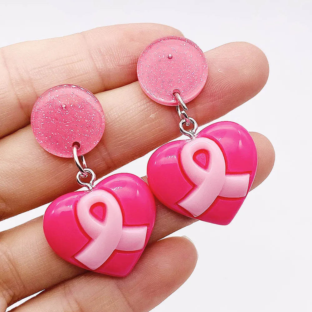 Pink Heart Ribbon Teardrop Dangling Earrings