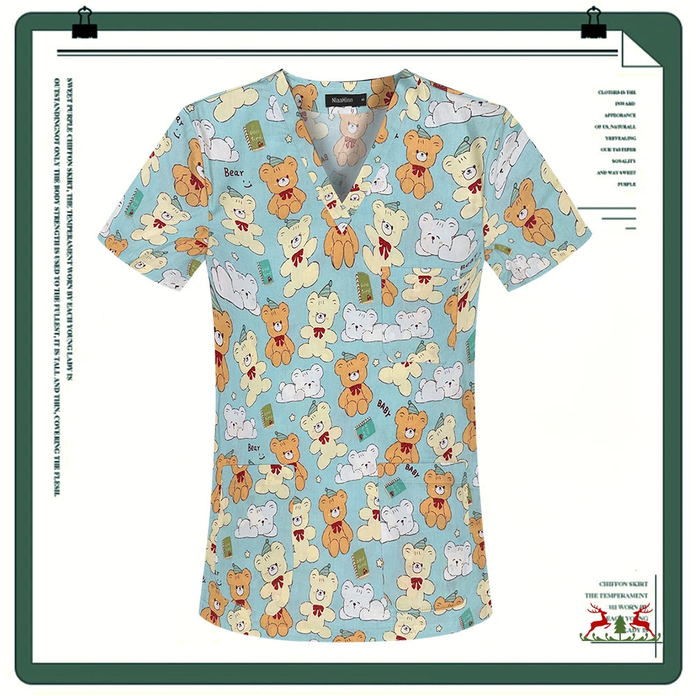 Cartoon Printing Scrubs Tops with Straight Pants