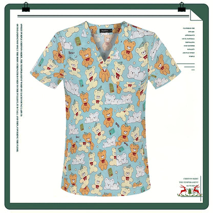 Cartoon Printing Scrubs Tops with Straight Pants