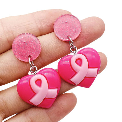 Pink Heart Ribbon Teardrop Dangling Earrings