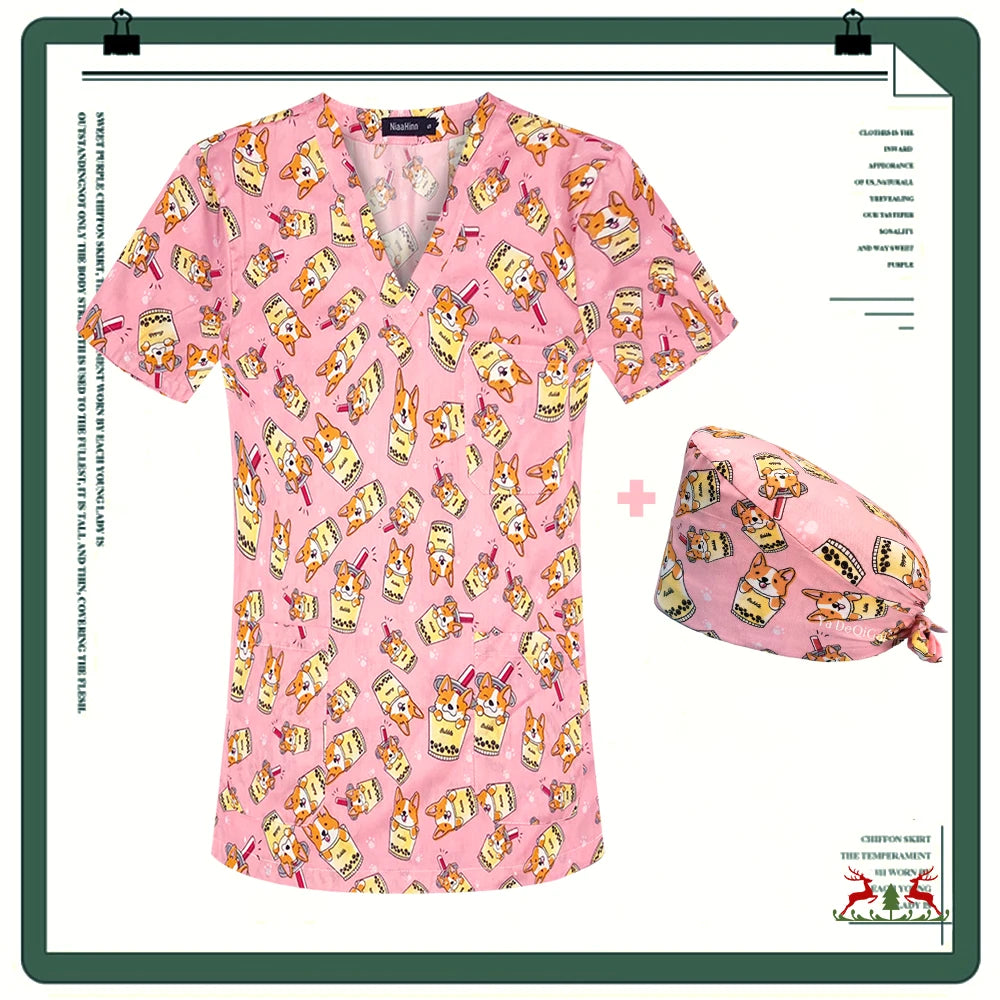 Cartoon Printing Scrubs Tops with Straight Pants