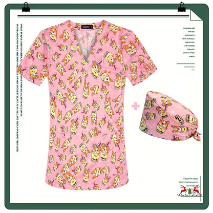 Cartoon Printing Scrubs Tops with Straight Pants