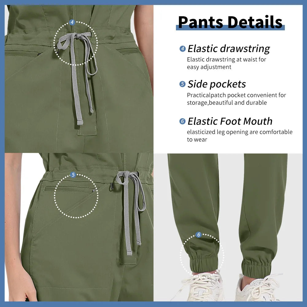 Zipper Neck Jumpsuit Nurse Uniform Short Sleeved Scrubs