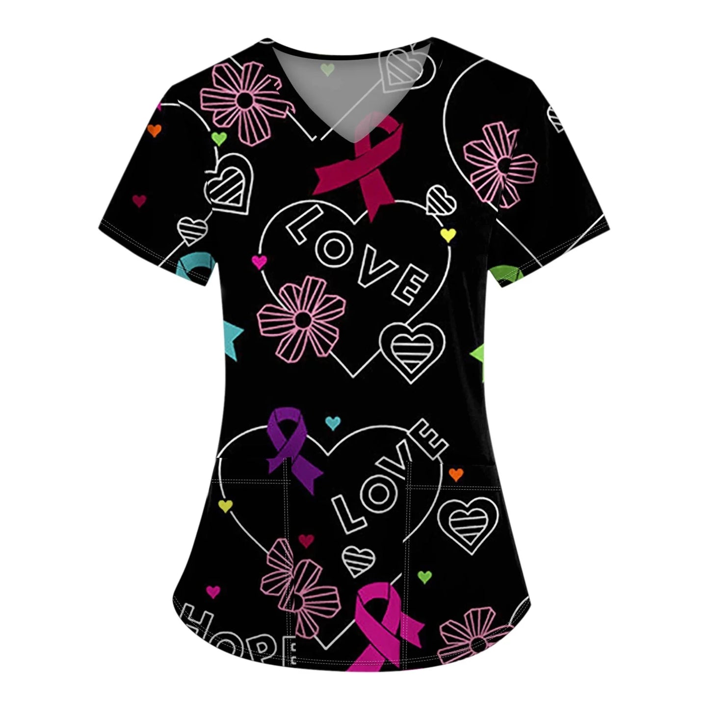 Breast Cancer Scrub Tops for Women V Neck Short Sleeve