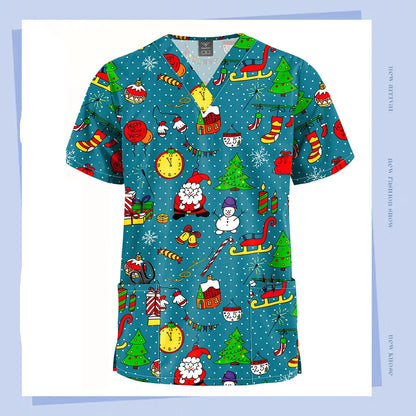 Christmas V Neck Scrub Tops